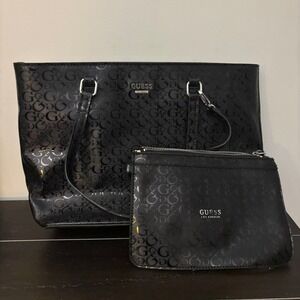 GUESS Los Angeles Black G Logo Tote Bag Purse Handbag + Pouch